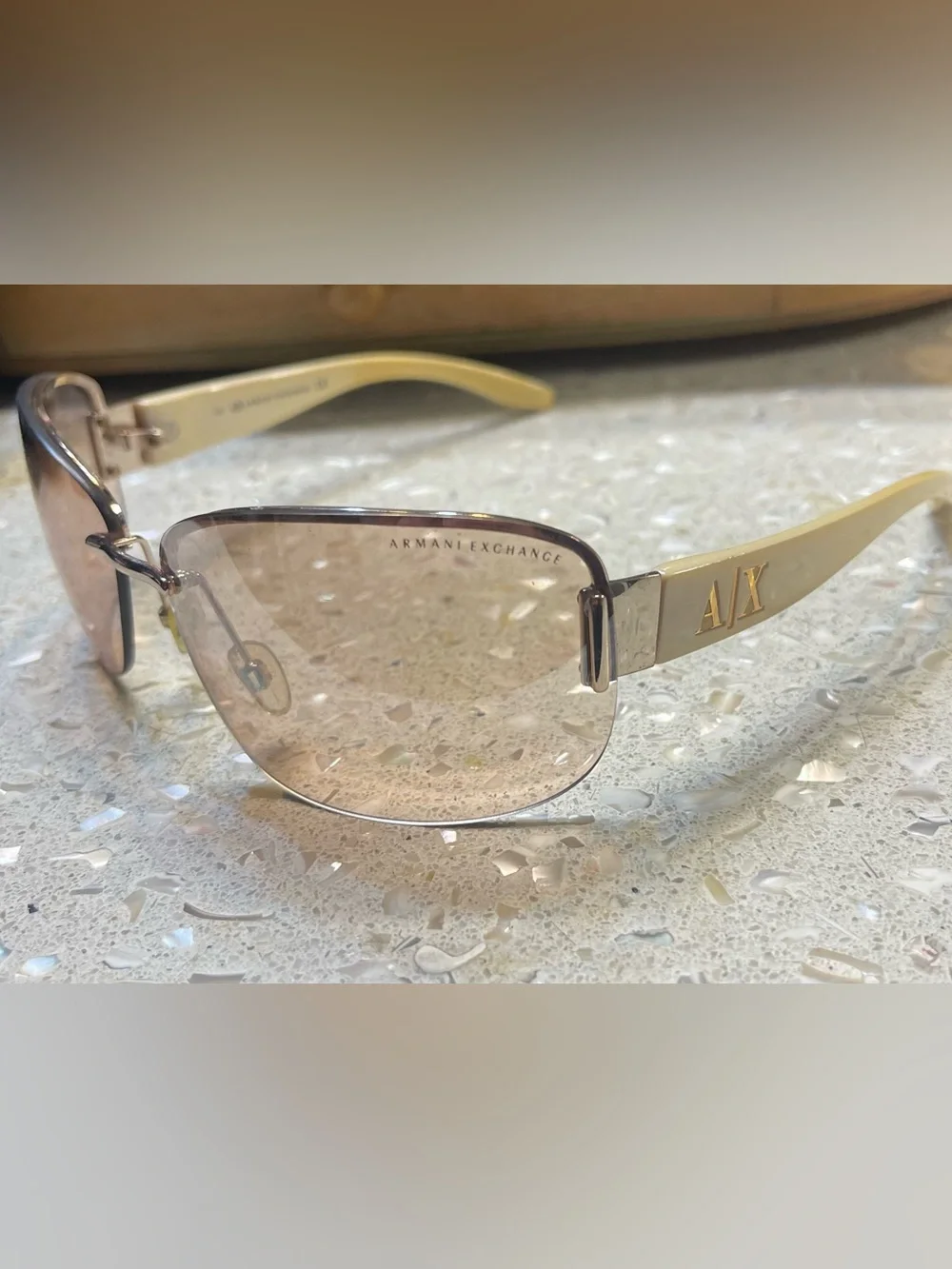 Armani Exchange Men’s Ivory Frames with Gold Logo and Brown Lenses